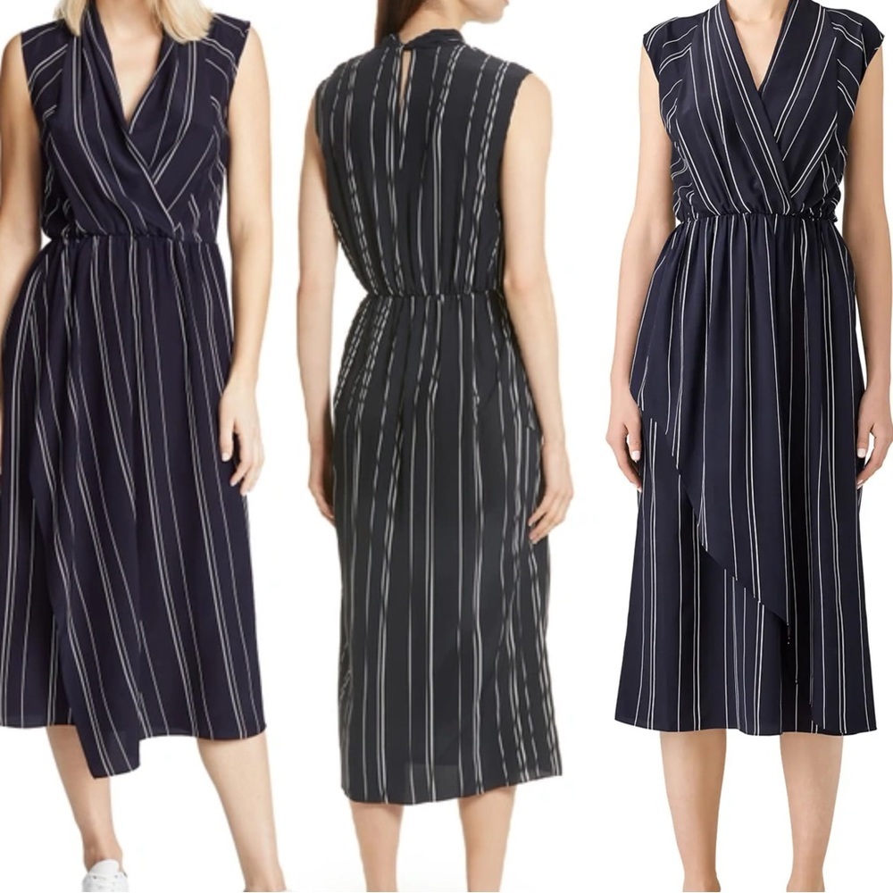 Vince Draped Front Stripe Midi Dress in Coastal Navy Blue Size 2